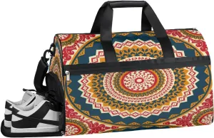 Ethnic Mandala Pattern Sports Gym Bag with Wet Pocket & Shoes Compartment Waterproof Workout Duffel Bag for Women and Men Weekender Overnight Duffle Bag Travel Carry-on Tote