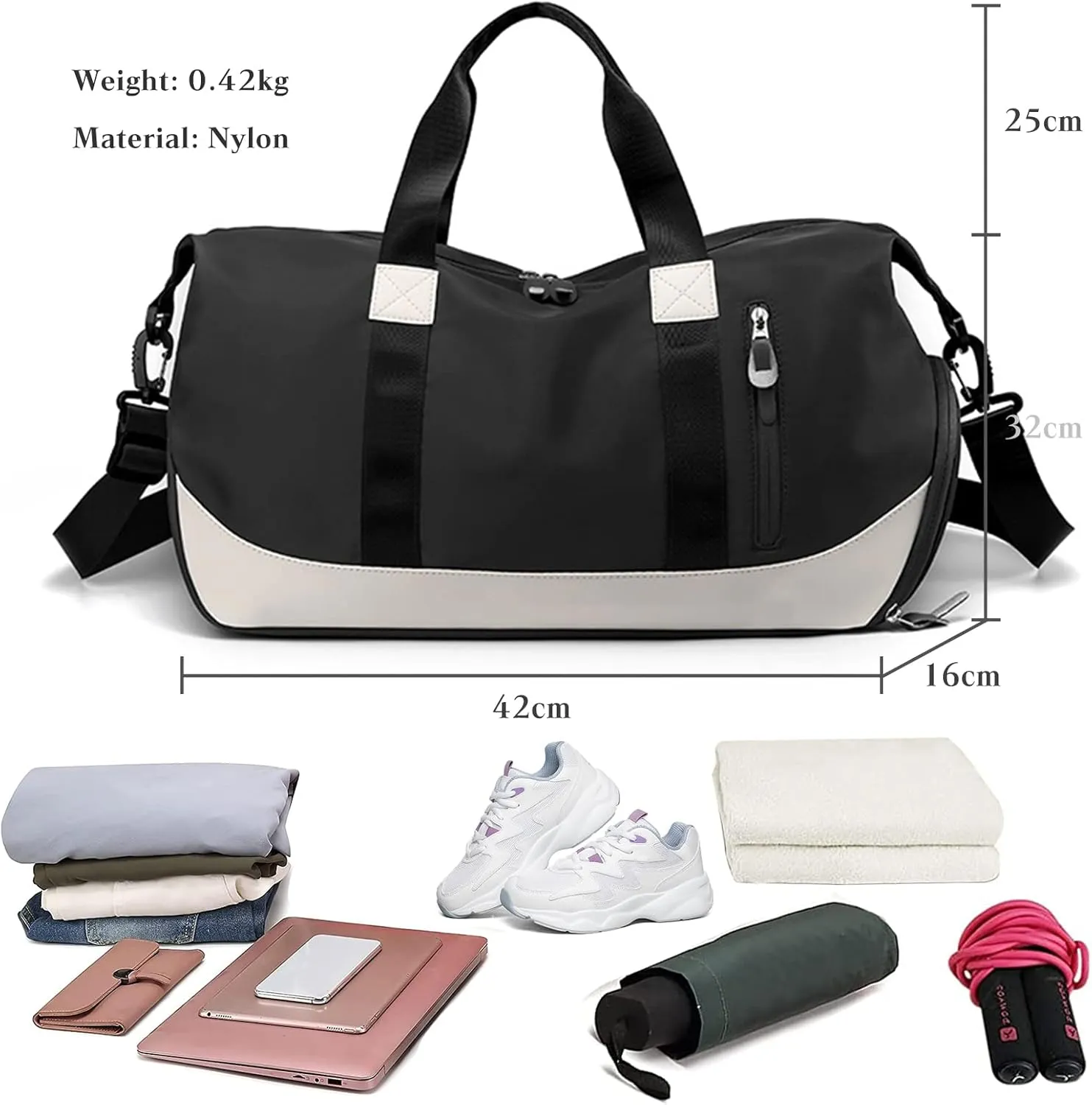 FANDARE Nylon Travel Duffel Bag for Women Foldable Sports Tote Gym Bag Lightweight Shoulder Weekender Overnight Bag Waterproof Carry On Shoulder Bag for Travel Gym Sport Daily Use, Black, L