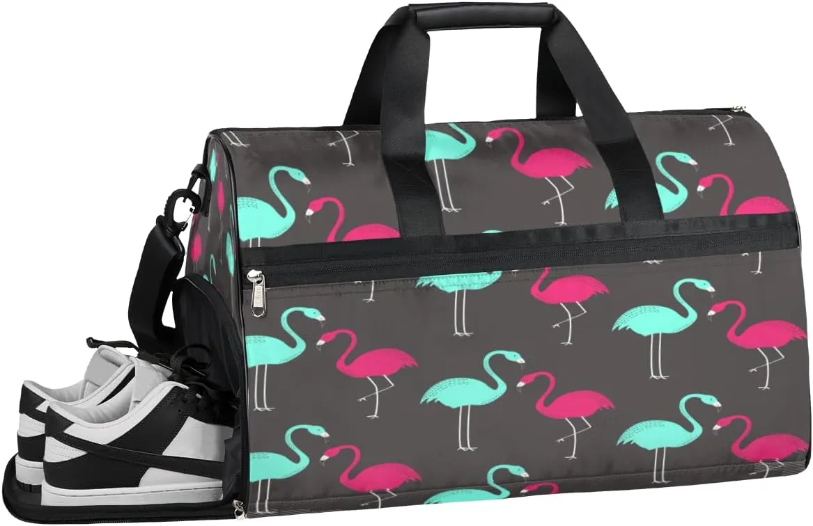 Flamingo Printing Sports Gym Bag with Wet Pocket & Shoes Compartment Waterproof Workout Duffel Bag for Women and Men Weekender Overnight Duffle Bag Travel Carry-on Tote