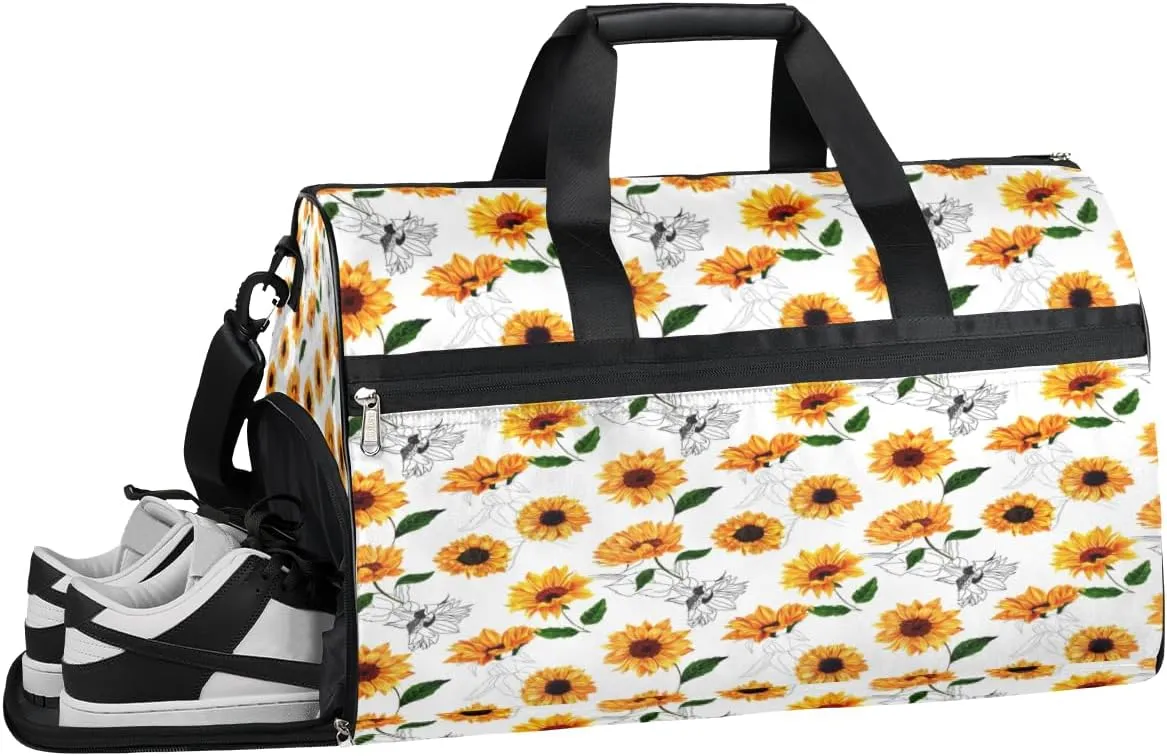 Floral Sunflower Sports Gym Bag with Wet Pocket & Shoes Compartment Waterproof Workout Duffel Bag for Women and Men Weekender Overnight Duffle Bag Travel Carry-on Tote