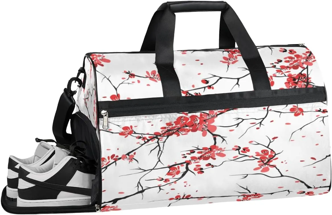 Florals Cherry Blossom Sports Gym Bag with Wet Pocket & Shoes Compartment Waterproof Workout Duffel Bag for Women and Men Weekender Overnight Duffle Bag Travel Carry-on Tote