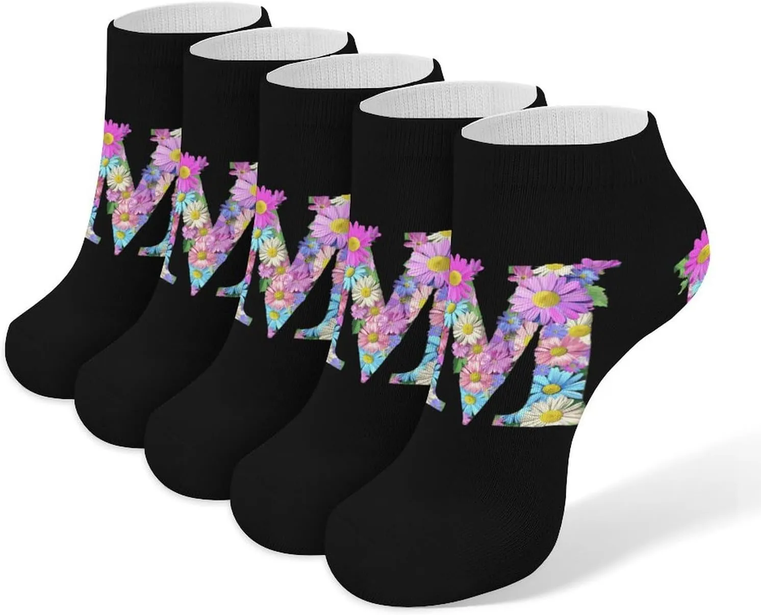 Flower Letter M 5 Pairs Low Cut Ankle Socks for Men Women Athletic Running Socks No Show Breathable