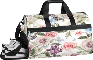 Flower Rose Butterfly Pattern Resistant Sports Gym Bag for Women Men Travel Duffel bag with Wet Pocket & Shoes Compartment Waterproof Weekender Bag 19.7"x9.9"x13"