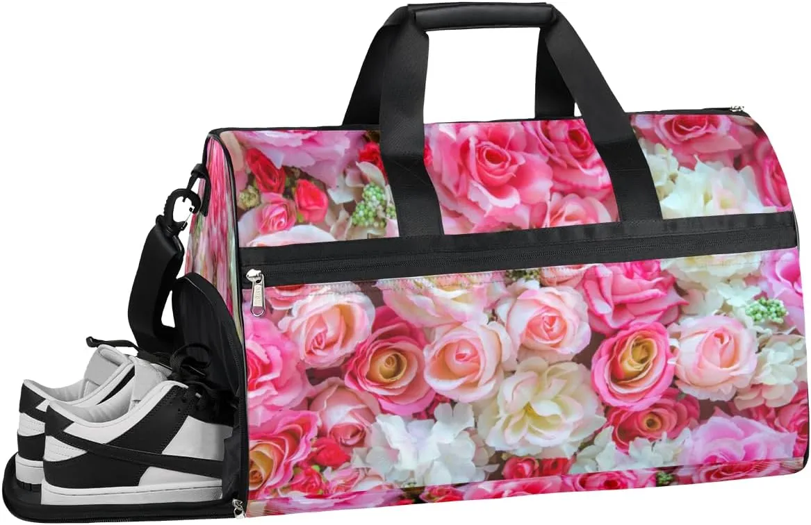 Flower Roses Plant Sports Gym Bag with Wet Pocket & Shoes Compartment Waterproof Workout Duffel Bag for Women and Men Weekender Overnight Duffle Bag Travel Carry-on Tote