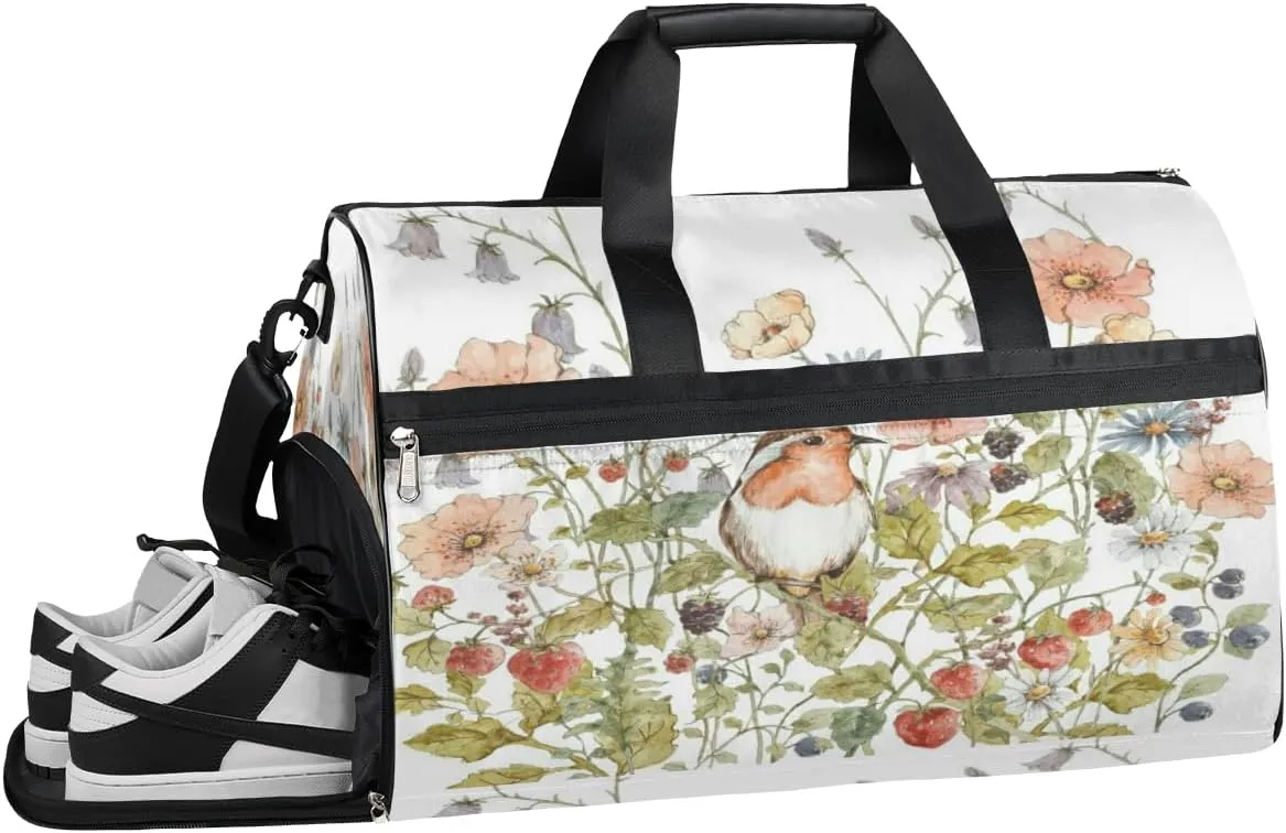 Flowers Birds Sports Gym Bag with Wet Pocket & Shoes Compartment Waterproof Workout Duffel Bag for Women and Men Weekender Overnight Duffle Bag Travel Carry-on Tote