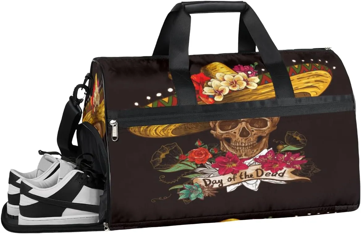 Flowers Skull Sports Gym Bag with Wet Pocket & Shoes Compartment Waterproof Workout Duffel Bag for Women and Men Weekender Overnight Duffle Bag Travel Carry-on Tote