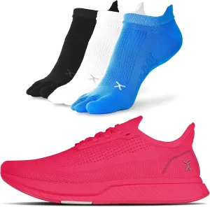 FLUX FOOTWEAR Adapt Bundle  Zero-Drop Running Shoes with Knit Upper & UltraFlex Midsole   3-Pack Small No-Show Toe Socks  Lightweight, Breathable, and Versatile  Neon Pink - US Size 5.5