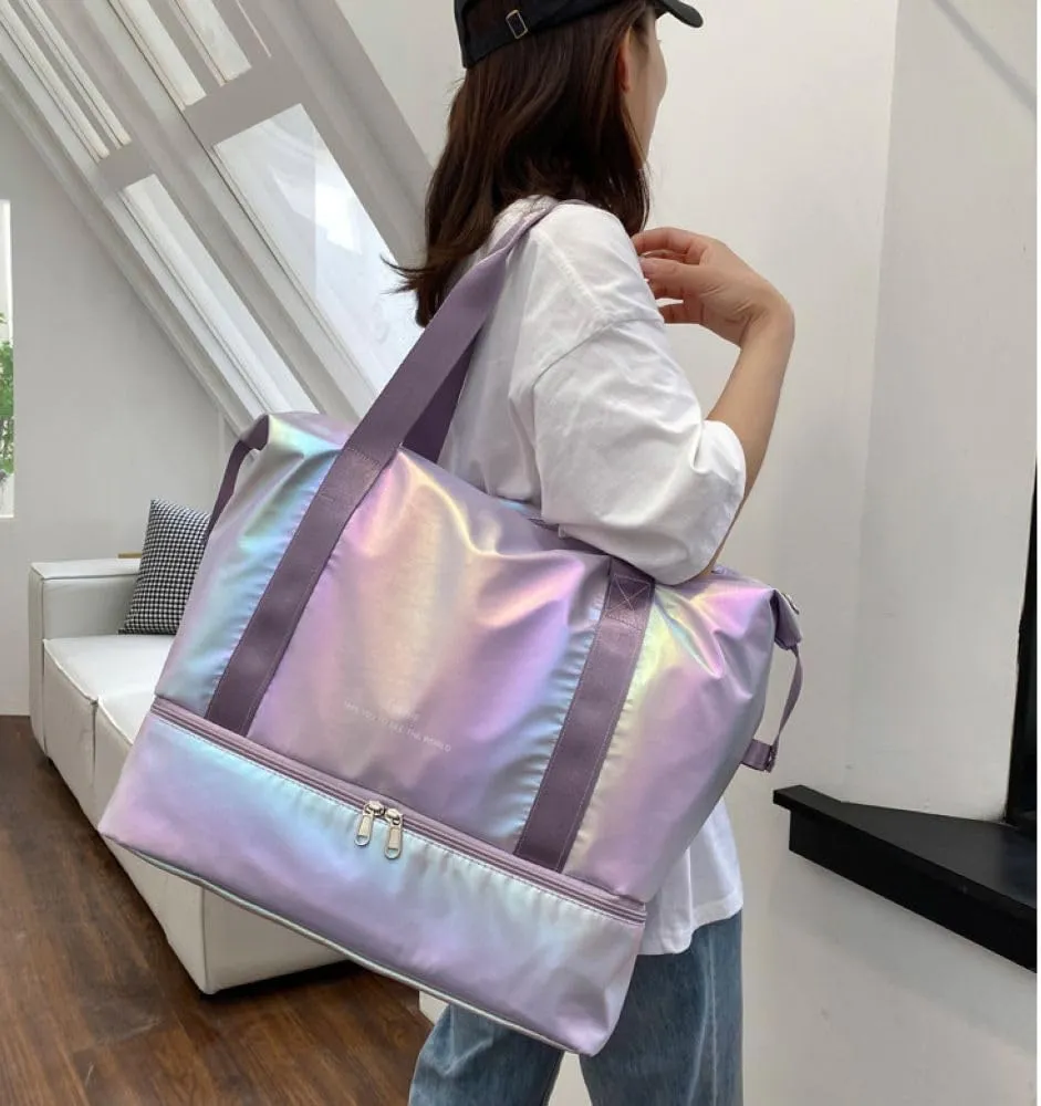 Foldable Gym Bag for Women,Sports Travel Duffel Bag, Weekender Overnight Bag with Wet Pocket and Shoes Compartment for Women, Travel,Workout,Gym, Yoga G74 (Purple)