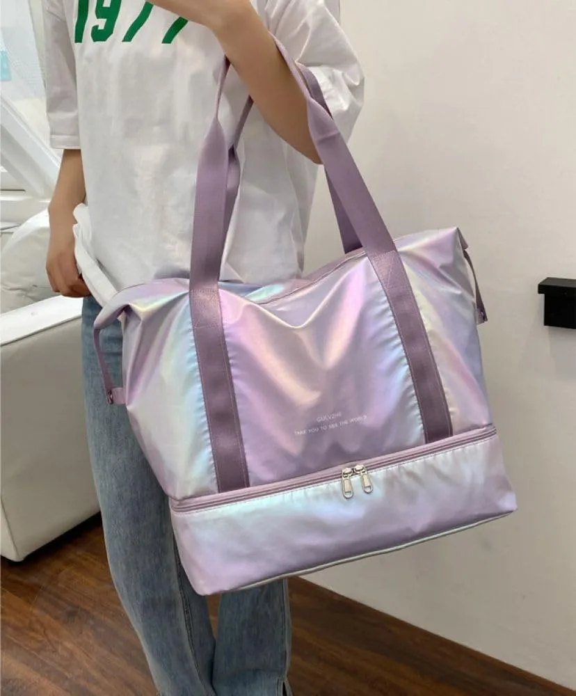 Foldable Gym Bag for Women,Sports Travel Duffel Bag, Weekender Overnight Bag with Wet Pocket and Shoes Compartment for Women, Travel,Workout,Gym, Yoga G74 (Purple)