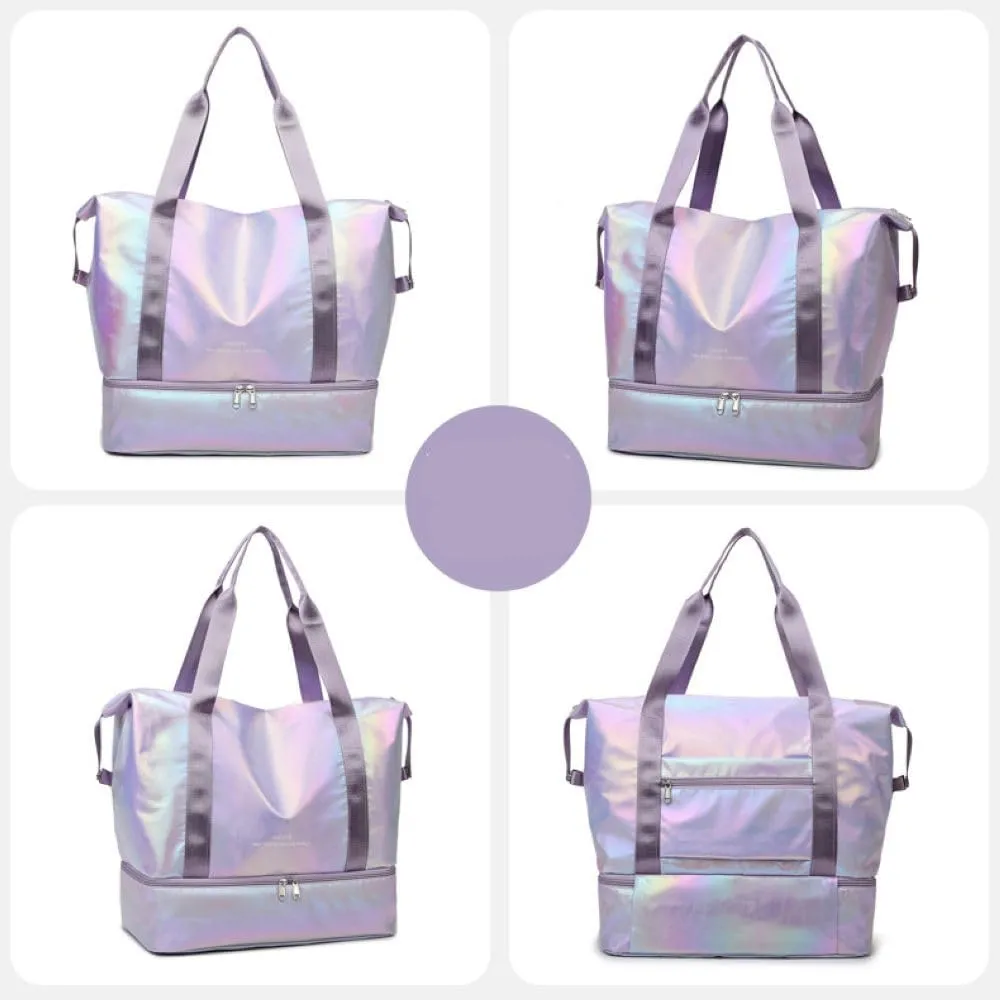 Foldable Gym Bag for Women,Sports Travel Duffel Bag, Weekender Overnight Bag with Wet Pocket and Shoes Compartment for Women, Travel,Workout,Gym, Yoga G74 (Purple)