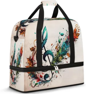 Foldable Travel Duffel Bag Tote Carry on Luggage Bag Music Note Colorful Leaves Sports Gym Bag with Shoes Compartment Small Overnight Weekender Bag for Women Men