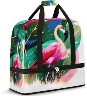 Foldable Travel Duffel Bag Tote Carry on Luggage Bag Palm Leaves Flamingo Sports Gym Bag with Shoes Compartment Small Overnight Weekender Bag for Women Men