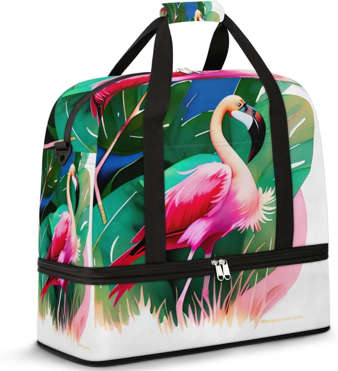 Foldable Travel Duffel Bag Tote Carry on Luggage Bag Palm Leaves Flamingo Sports Gym Bag with Shoes Compartment Small Overnight Weekender Bag for Women Men