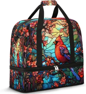 Foldable Travel Duffel Bag Tote Carry on Luggage Bag Vintage Cardinal Red Flowers Sports Gym Bag with Shoes Compartment Small Overnight Weekender Bag for Women Men