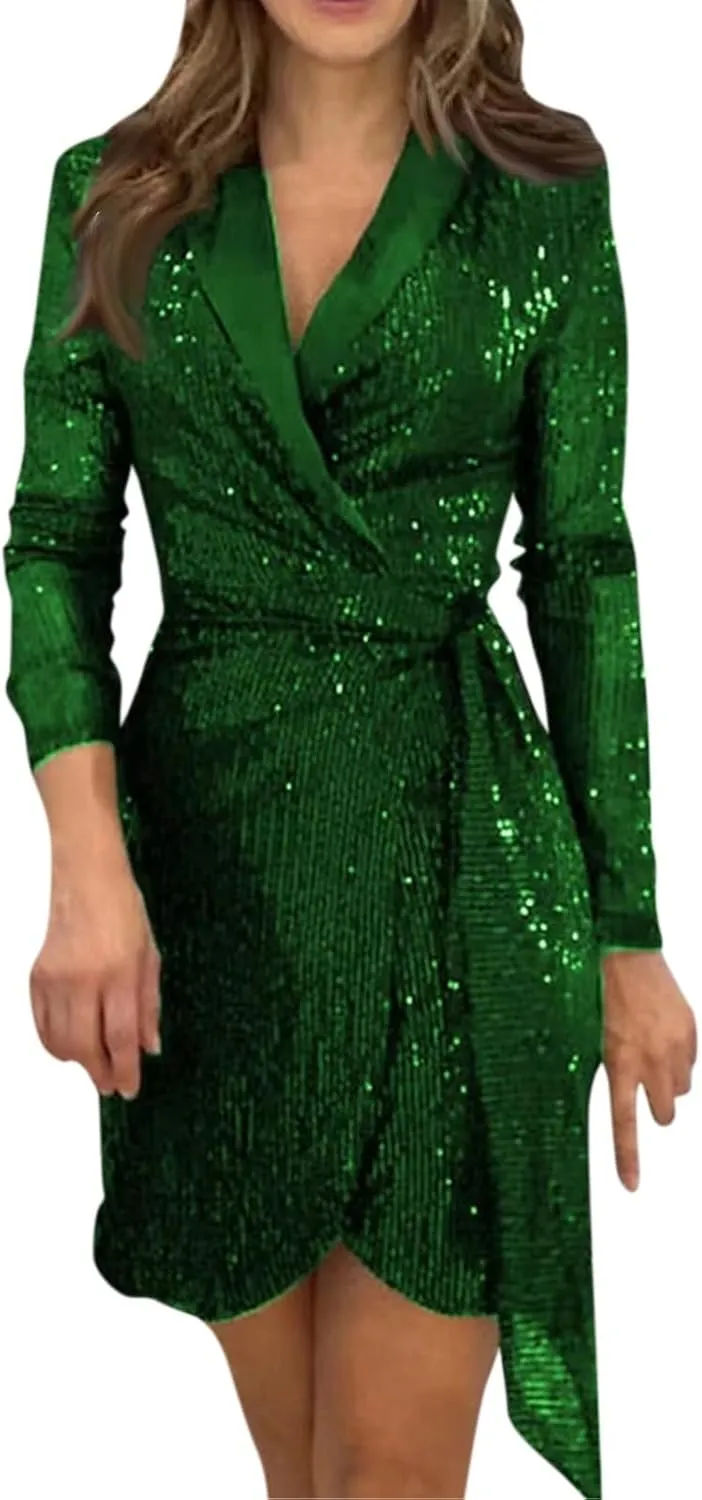 Formal Dresses for Women,2024 Summer Trendy Sparkly Sequin Party Dress,Elegant V Neck Long Sleeve Ruched Blazer Dress