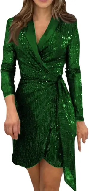 Formal Dresses for Women,2024 Summer Trendy Sparkly Sequin Party Dress,Elegant V Neck Long Sleeve Ruched Blazer Dress
