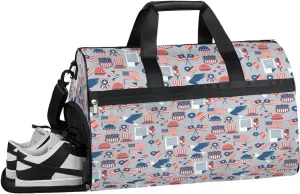 Fourth Of July 4th Gym Bag for Men Women Fitness Workout Sports Duffle Bag with Shoes Compartment Independence Day Water Resistant Overnight Weekender Duffel Bag