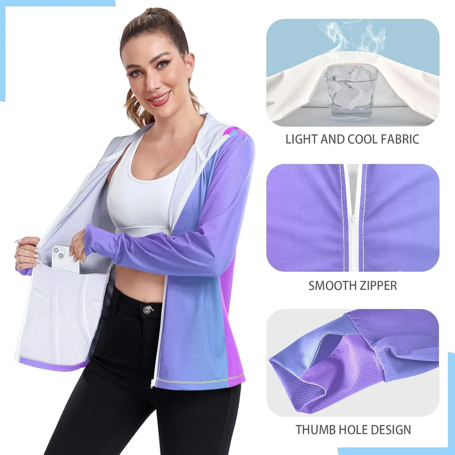 GAIGEO Blue Gradient Zip up Hoodie Jacket, UPF 50  UV Protection Clothing Hood Shirt, Breathable Cool Jacket, S
