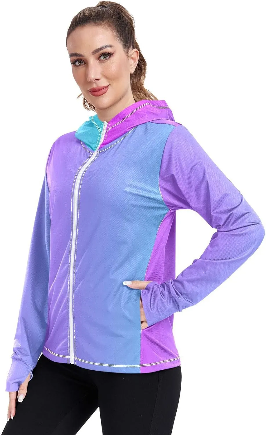 GAIGEO Blue Gradient Zip up Hoodie Jacket, UPF 50  UV Protection Clothing Hood Shirt, Breathable Cool Jacket, S