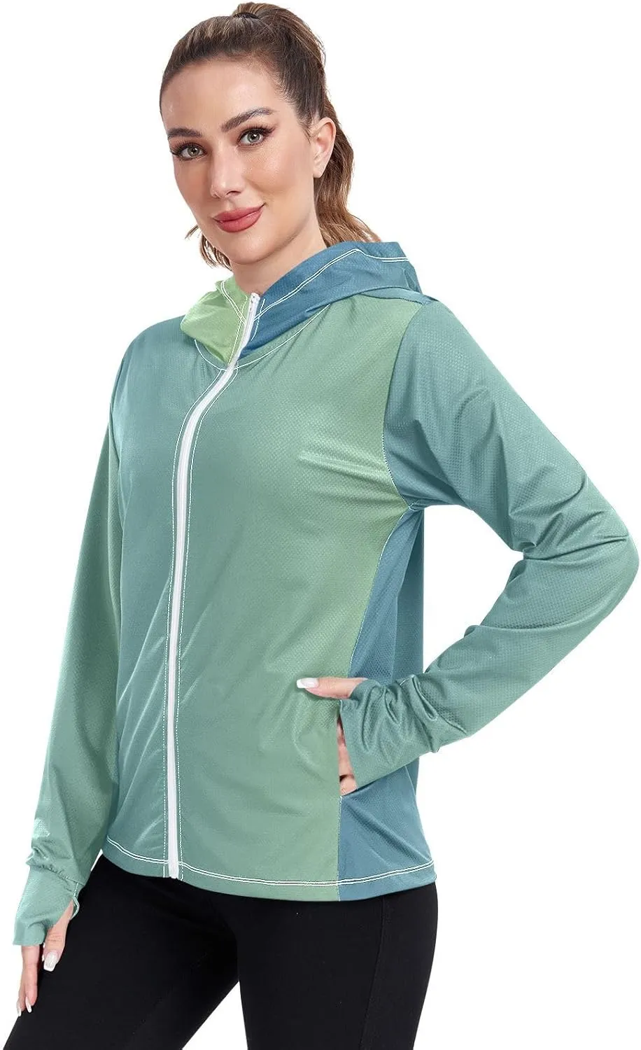 GAIGEO Blue Gradient Zip up Hoodie Jacket, UPF 50  UV Protection Clothing Hood Shirt, Breathable Cool Jacket, S