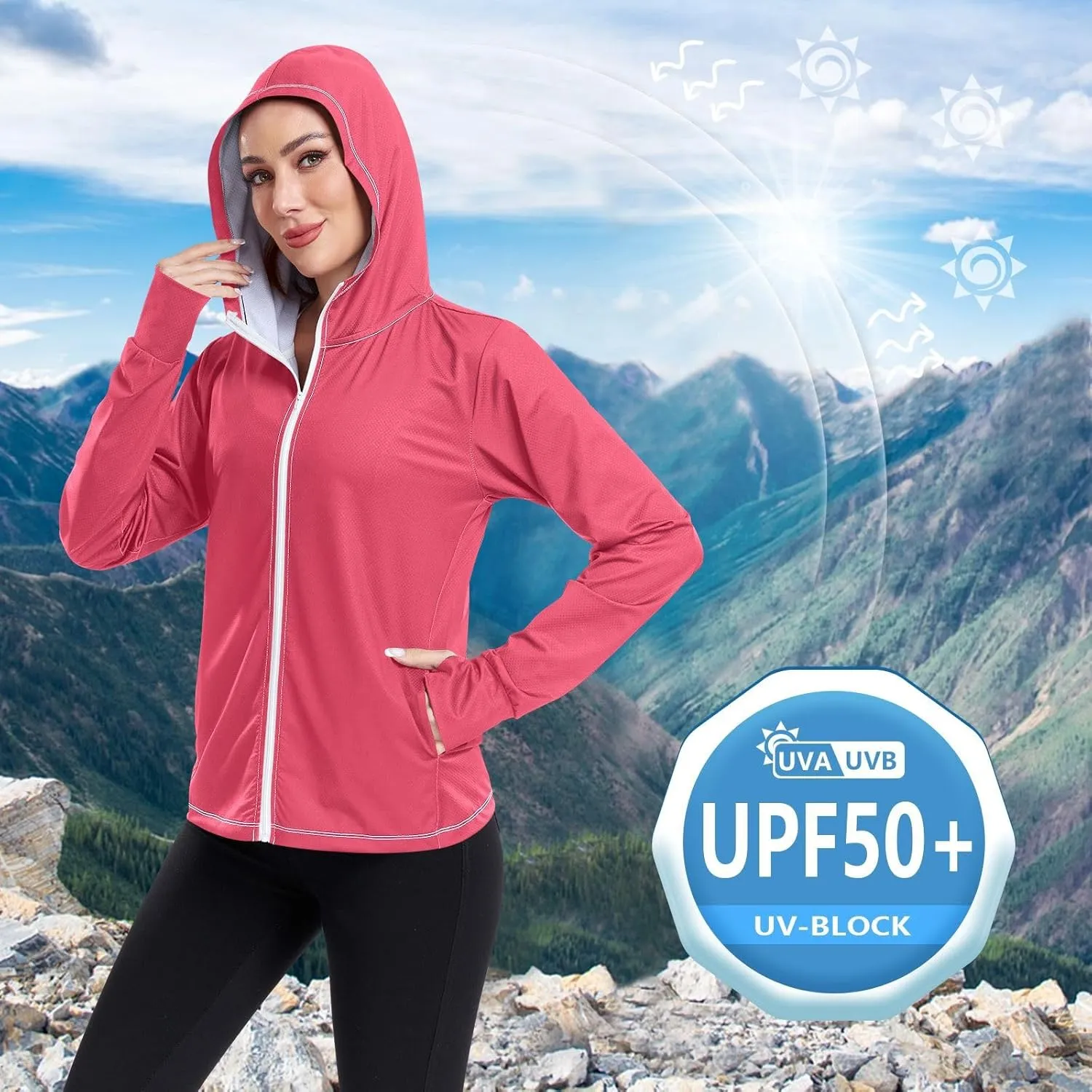 GAIGEO Blue Gradient Zip up Hoodie Jacket, UPF 50  UV Protection Clothing Hood Shirt, Breathable Cool Jacket, S