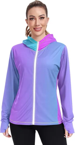 GAIGEO Blue Gradient Zip up Hoodie Jacket, UPF 50  UV Protection Clothing Hood Shirt, Breathable Cool Jacket, S