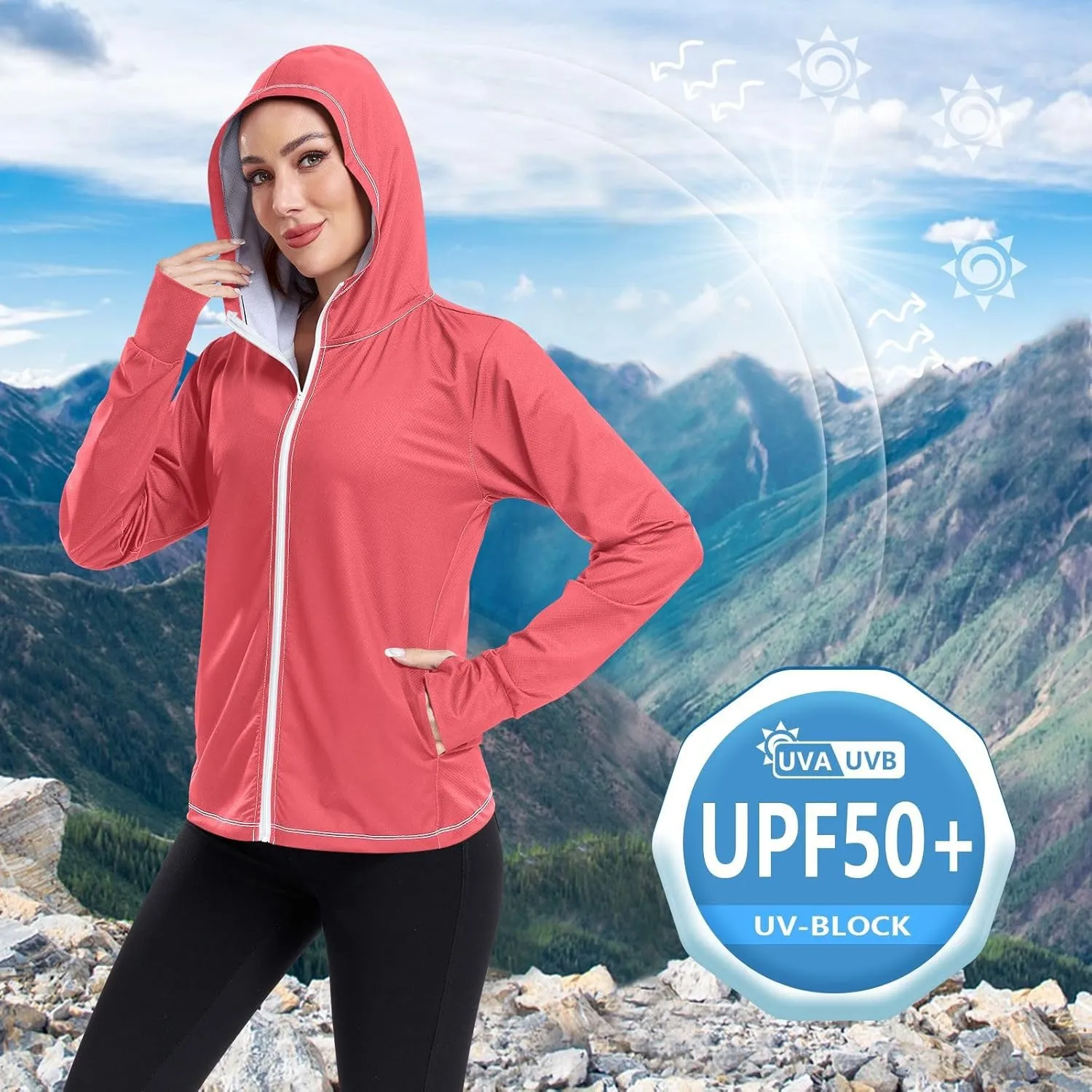 GAIGEO Blue Gradient Zip up Hoodie Jacket, UPF 50  UV Protection Clothing Hood Shirt, Breathable Cool Jacket, S