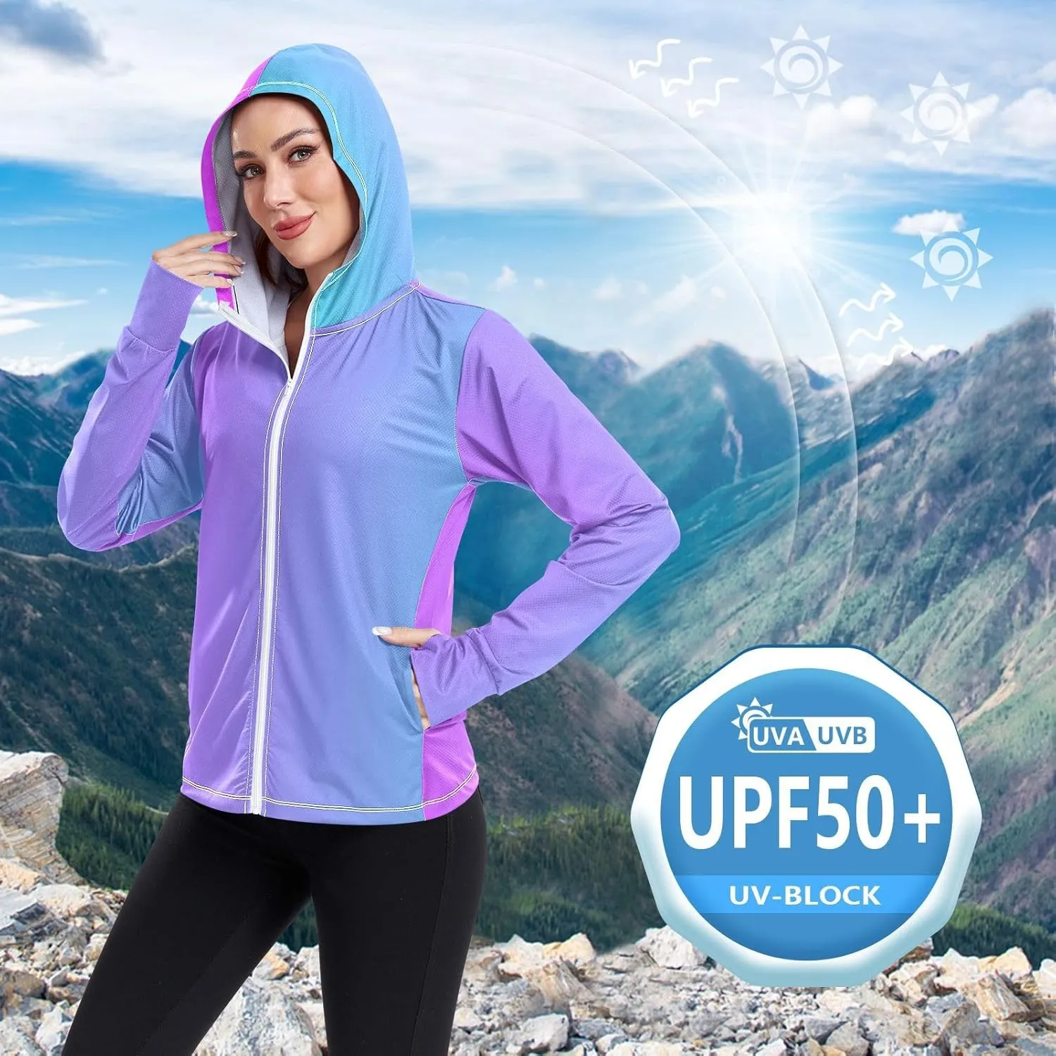 GAIGEO Blue Gradient Zip up Hoodie Jacket, UPF 50  UV Protection Clothing Hood Shirt, Breathable Cool Jacket, S