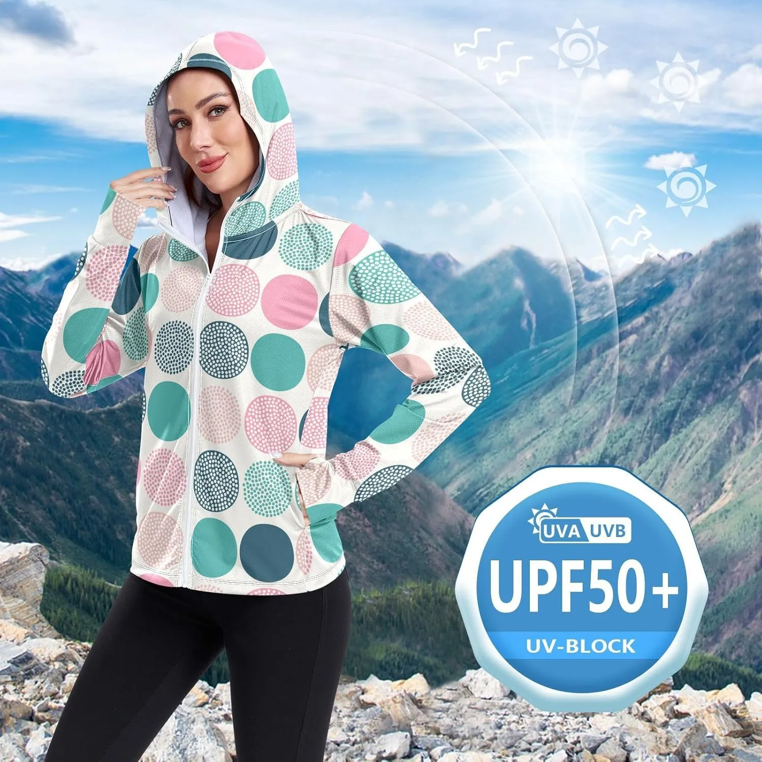 GAIGEO Blue Gradient Zip up Hoodie Jacket, UPF 50  UV Protection Clothing Hood Shirt, Breathable Cool Jacket, S