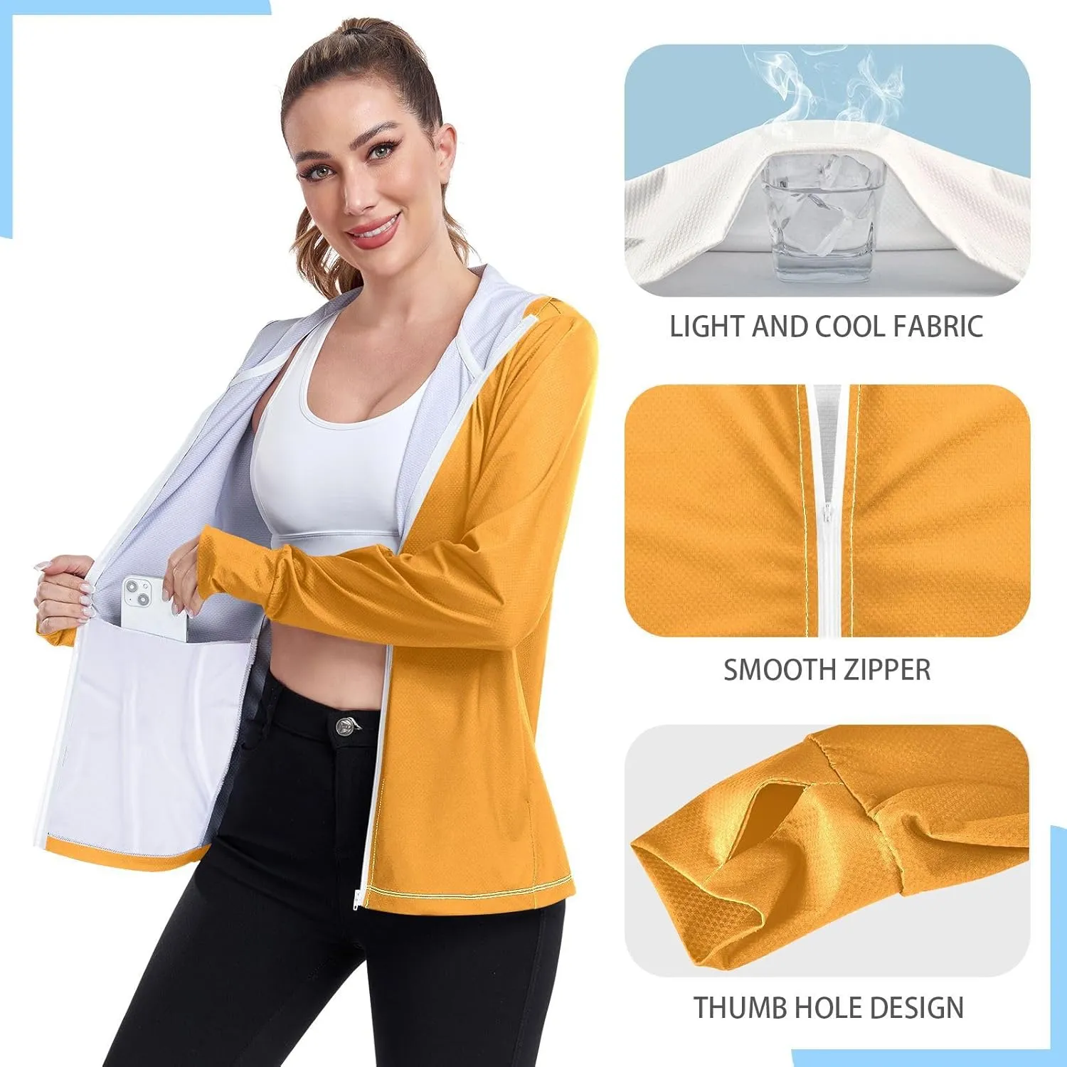 GAIGEO Blue Gradient Zip up Hoodie Jacket, UPF 50  UV Protection Clothing Hood Shirt, Breathable Cool Jacket, S