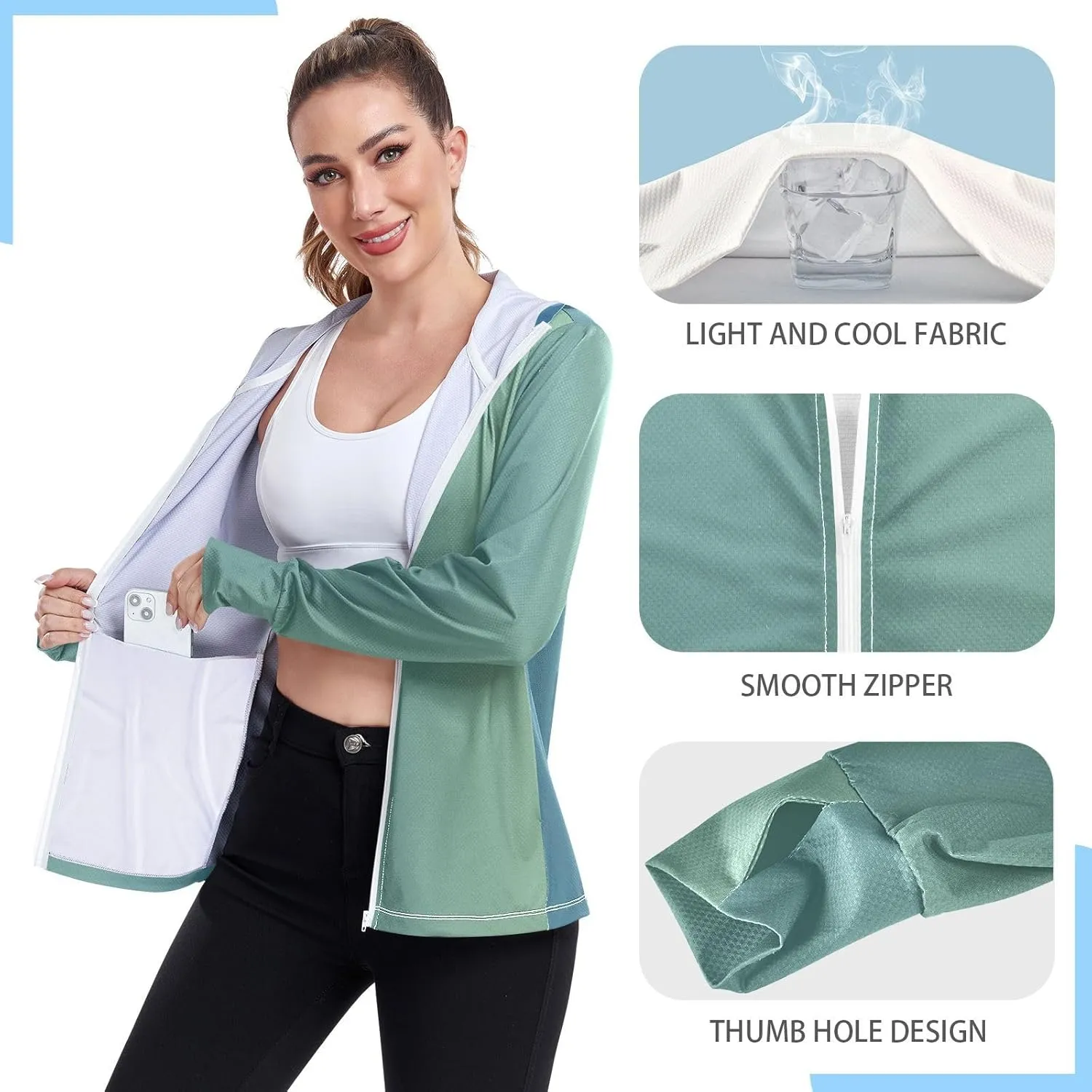 GAIGEO Blue Gradient Zip up Hoodie Jacket, UPF 50  UV Protection Clothing Hood Shirt, Breathable Cool Jacket, S