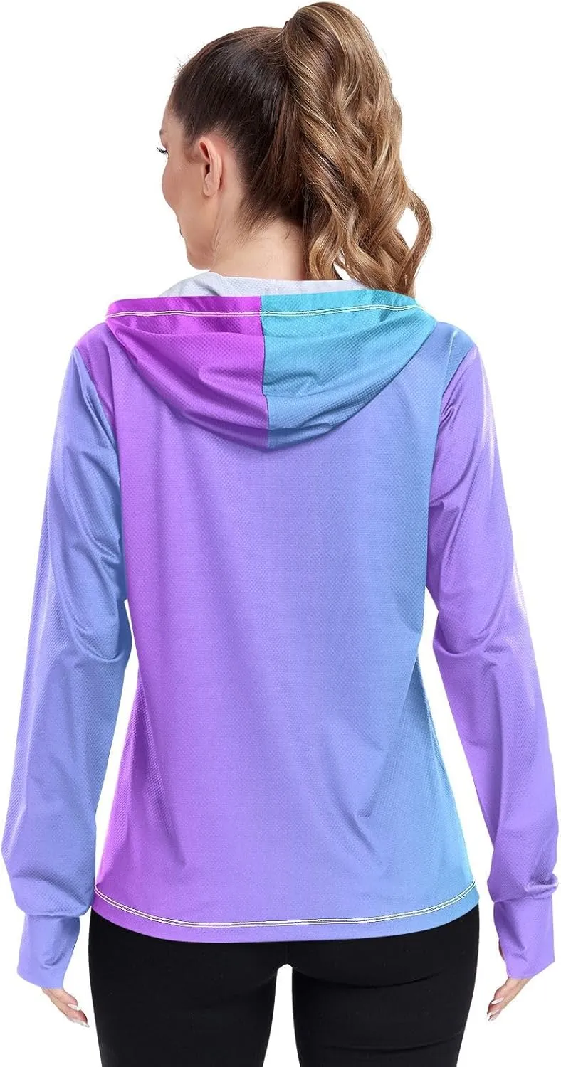 GAIGEO Blue Gradient Zip up Hoodie Jacket, UPF 50  UV Protection Clothing Hood Shirt, Breathable Cool Jacket, S