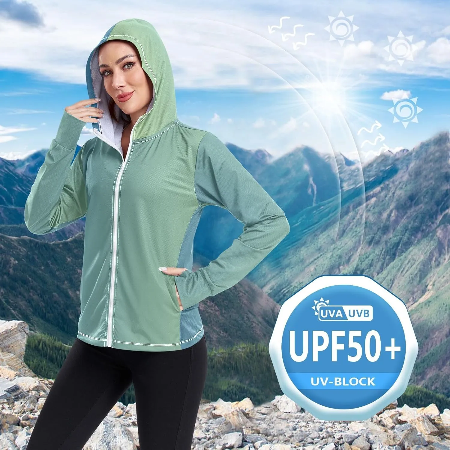 GAIGEO Blue Gradient Zip up Hoodie Jacket, UPF 50  UV Protection Clothing Hood Shirt, Breathable Cool Jacket, S