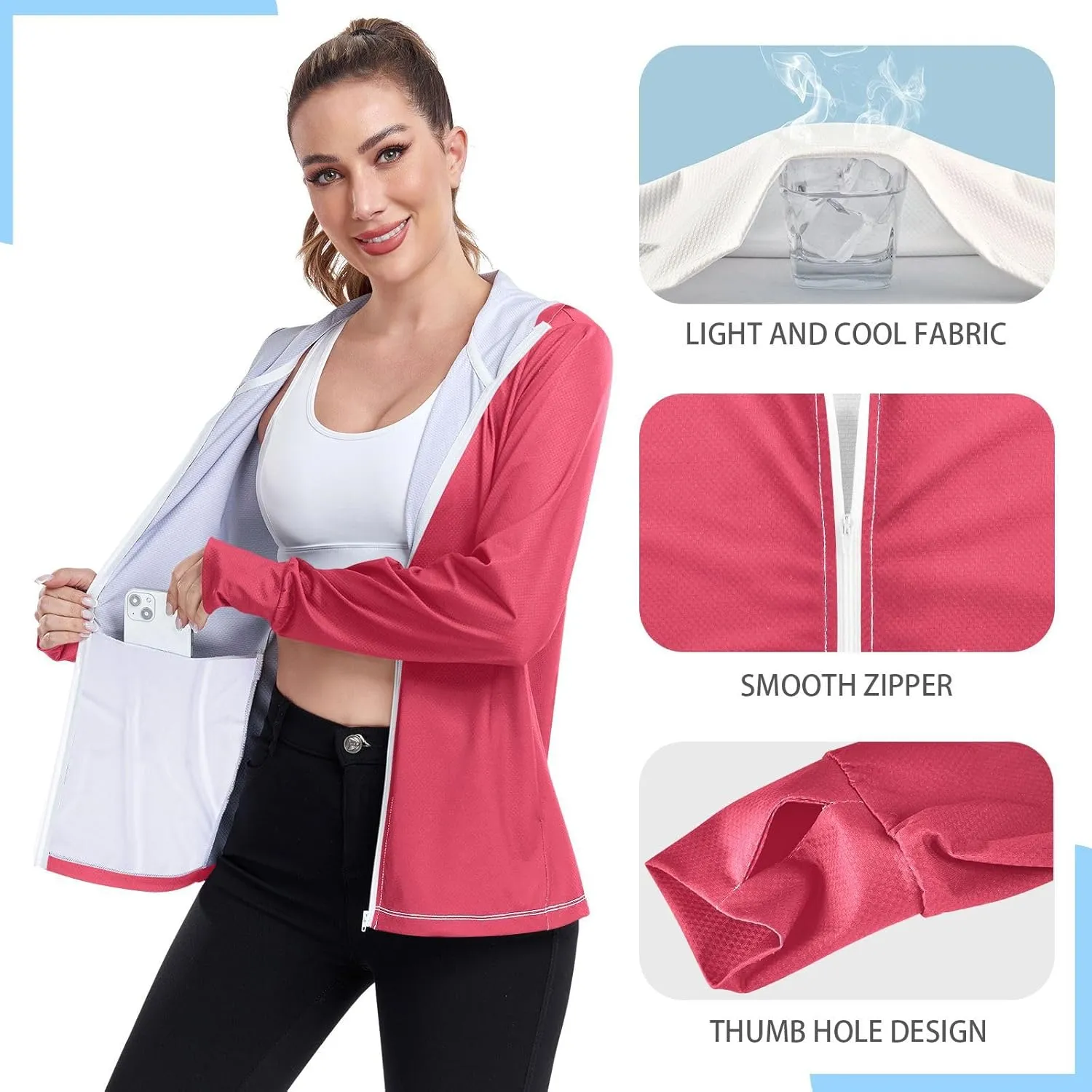 GAIGEO Blue Gradient Zip up Hoodie Jacket, UPF 50  UV Protection Clothing Hood Shirt, Breathable Cool Jacket, S