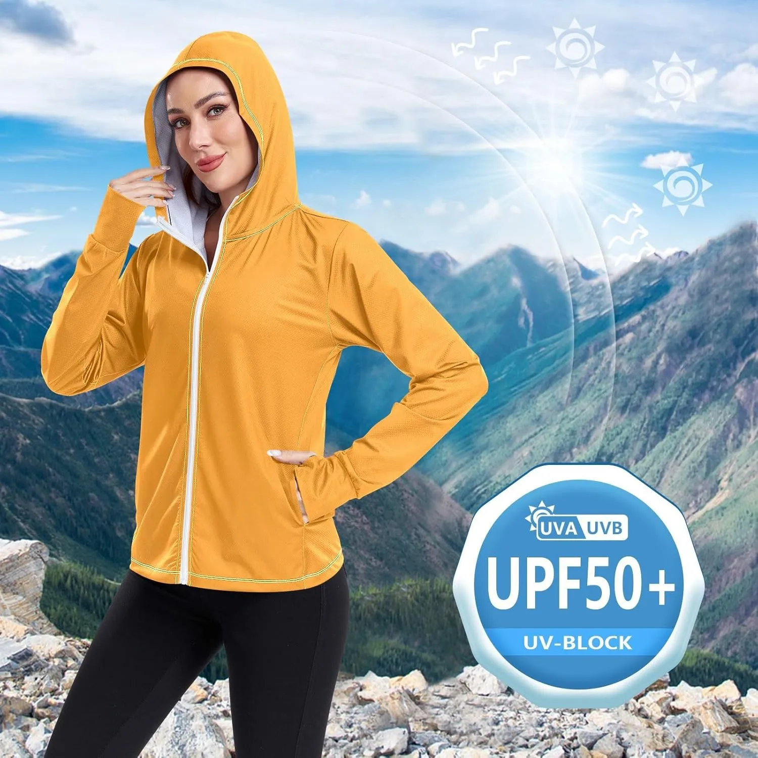 GAIGEO Blue Gradient Zip up Hoodie Jacket, UPF 50  UV Protection Clothing Hood Shirt, Breathable Cool Jacket, S