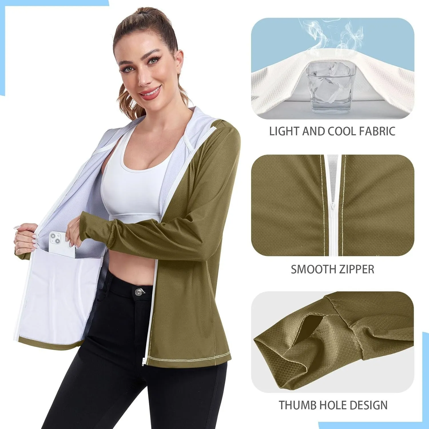GAIGEO Fresh Leaves Lightweight Track Jacket Women, UPF 50  UV Protection Shirt Women, Quick Dry Women's Jacket for Travel, S