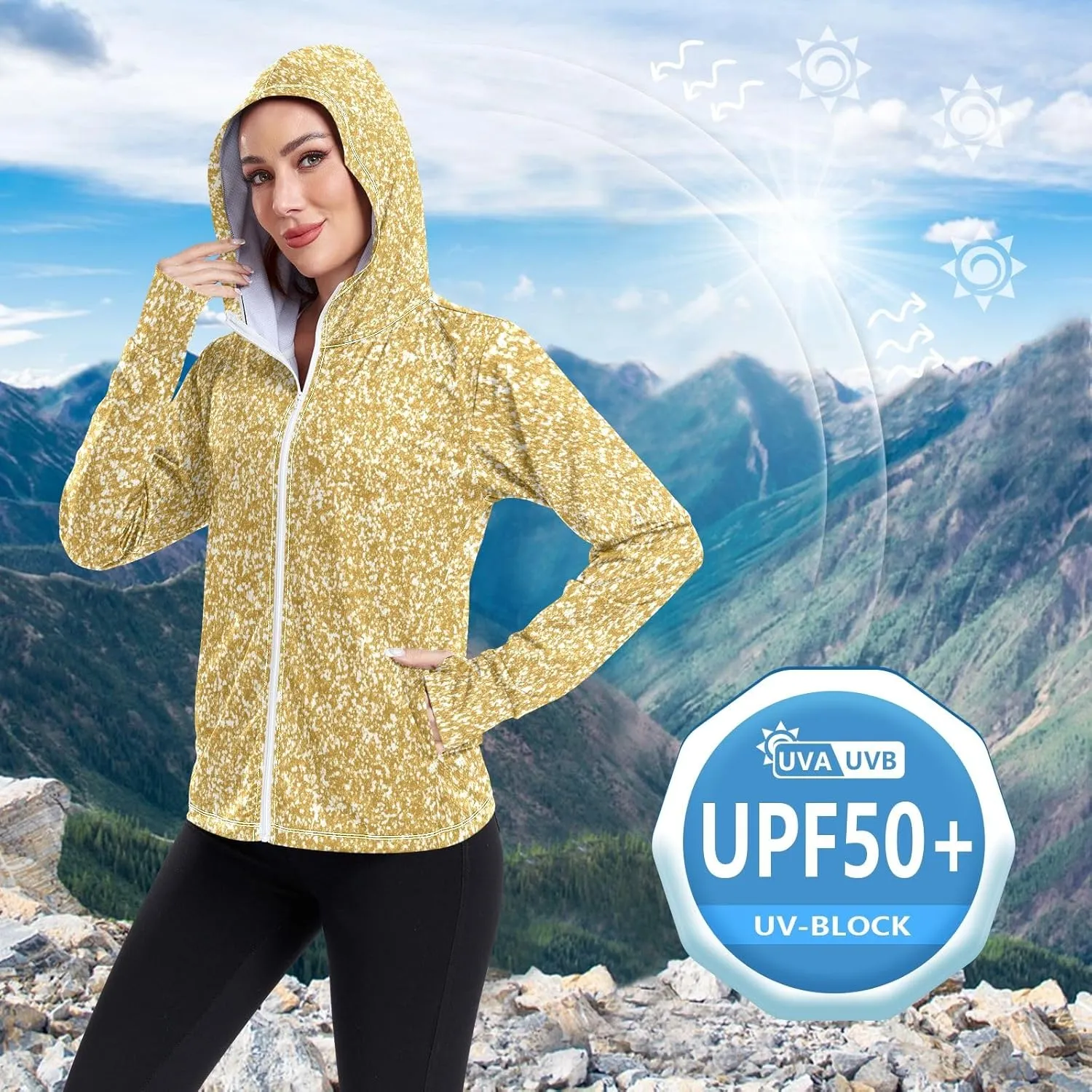 GAIGEO Gold Glitter Long Sleeve Womens Jacket, UPF 50  Sun Shirt for Women with Pockets, Quick Dry Travel Jacket Women, S