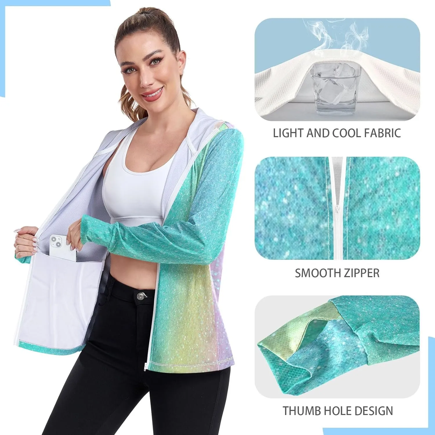 GAIGEO Gold Glitter Long Sleeve Womens Jacket, UPF 50  Sun Shirt for Women with Pockets, Quick Dry Travel Jacket Women, S