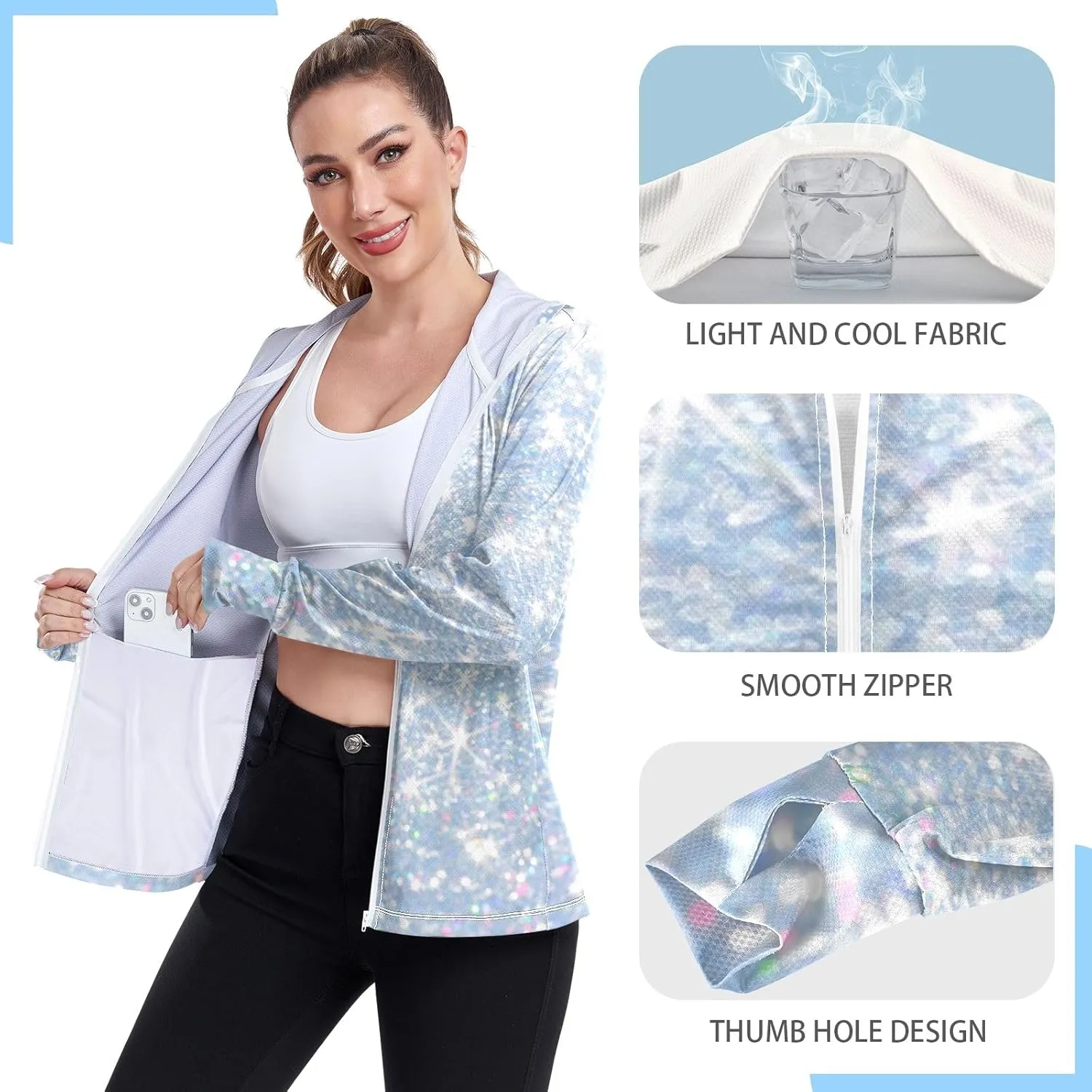 GAIGEO Gold Glitter Long Sleeve Womens Jacket, UPF 50  Sun Shirt for Women with Pockets, Quick Dry Travel Jacket Women, S