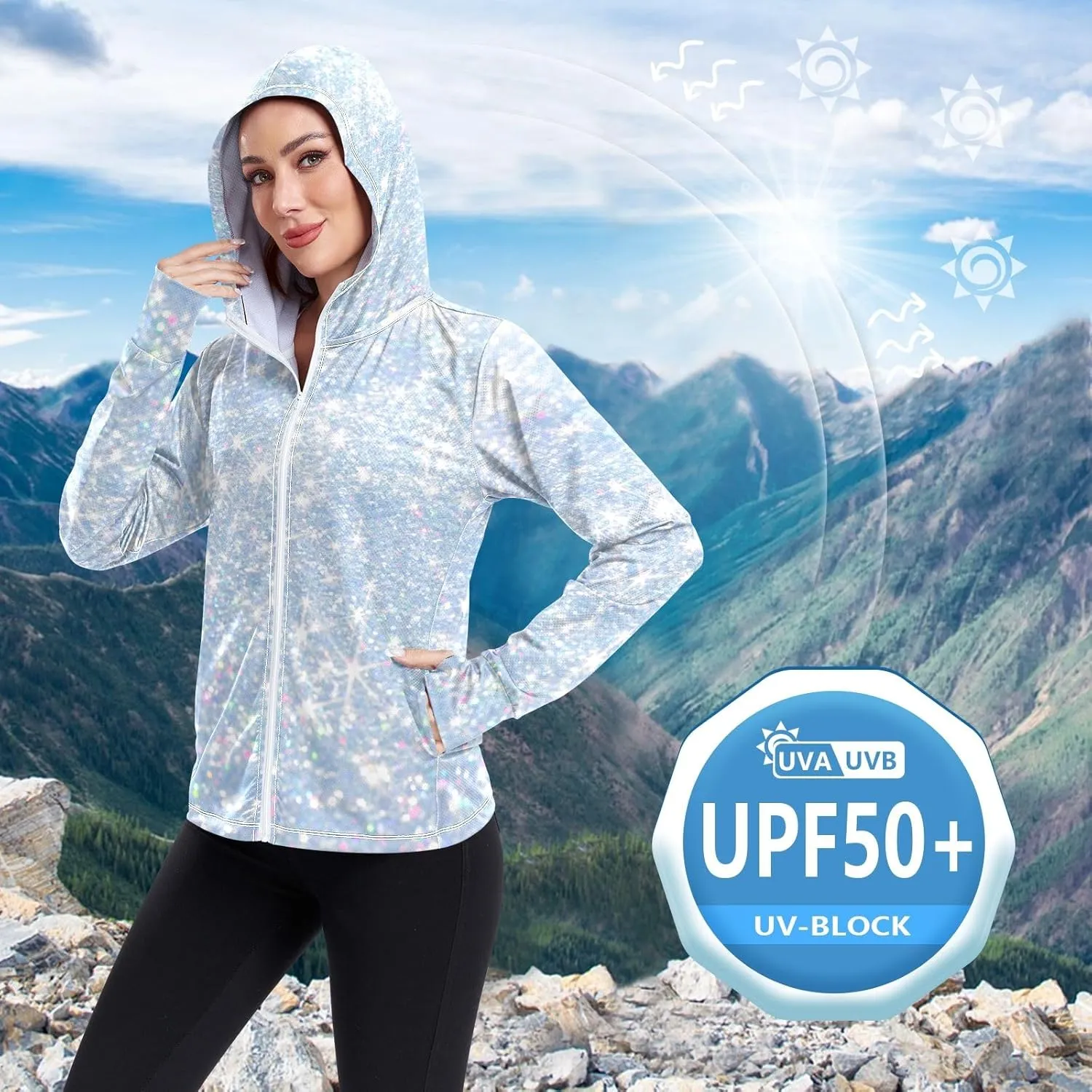 GAIGEO Gold Glitter Long Sleeve Womens Jacket, UPF 50  Sun Shirt for Women with Pockets, Quick Dry Travel Jacket Women, S