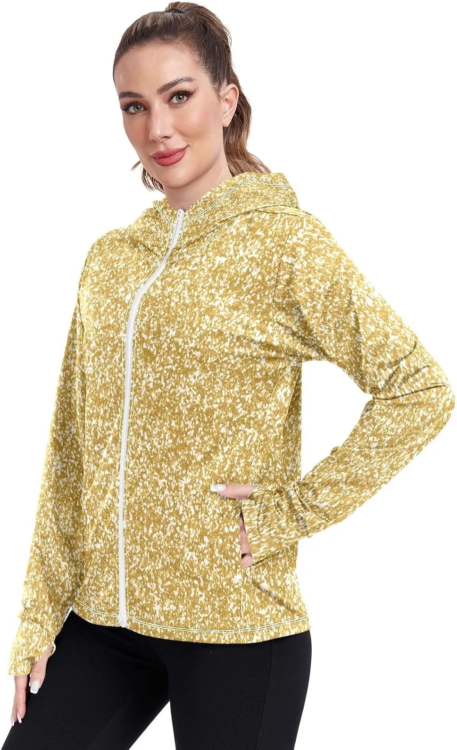 GAIGEO Gold Glitter Long Sleeve Womens Jacket, UPF 50  Sun Shirt for Women with Pockets, Quick Dry Travel Jacket Women, S