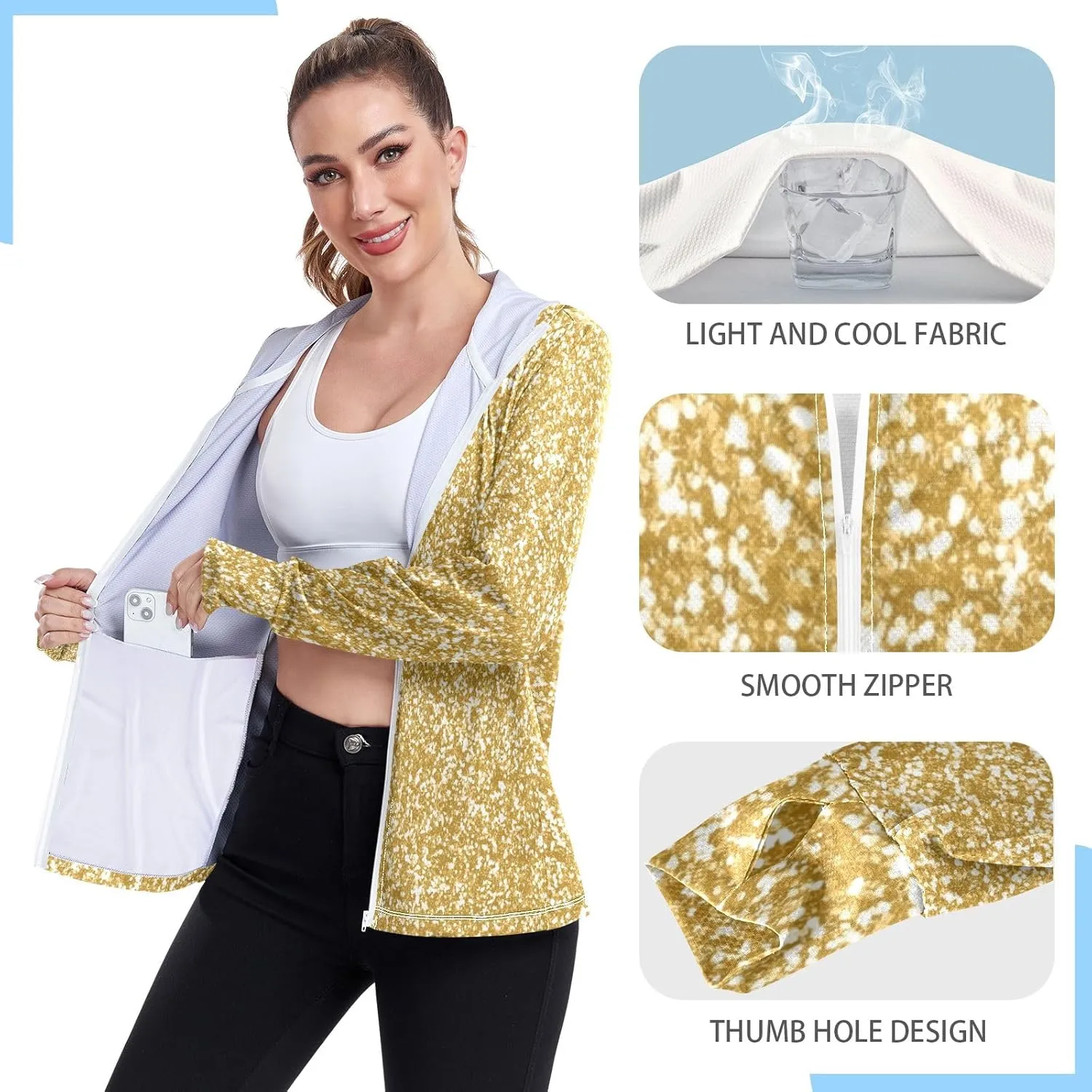 GAIGEO Gold Glitter Long Sleeve Womens Jacket, UPF 50  Sun Shirt for Women with Pockets, Quick Dry Travel Jacket Women, S