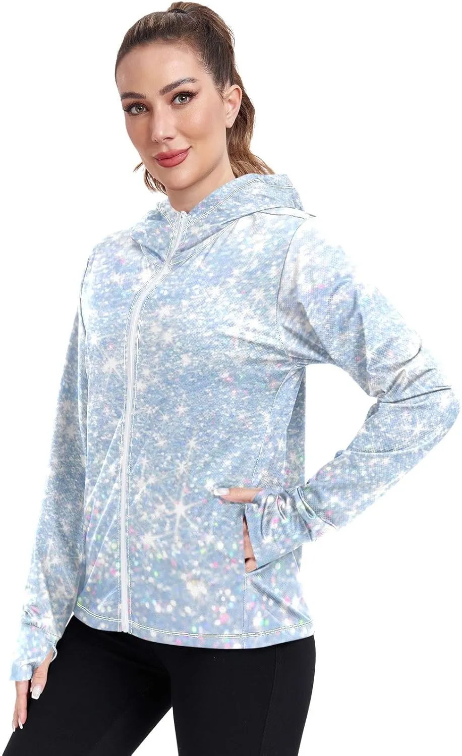 GAIGEO Gold Glitter Long Sleeve Womens Jacket, UPF 50  Sun Shirt for Women with Pockets, Quick Dry Travel Jacket Women, S