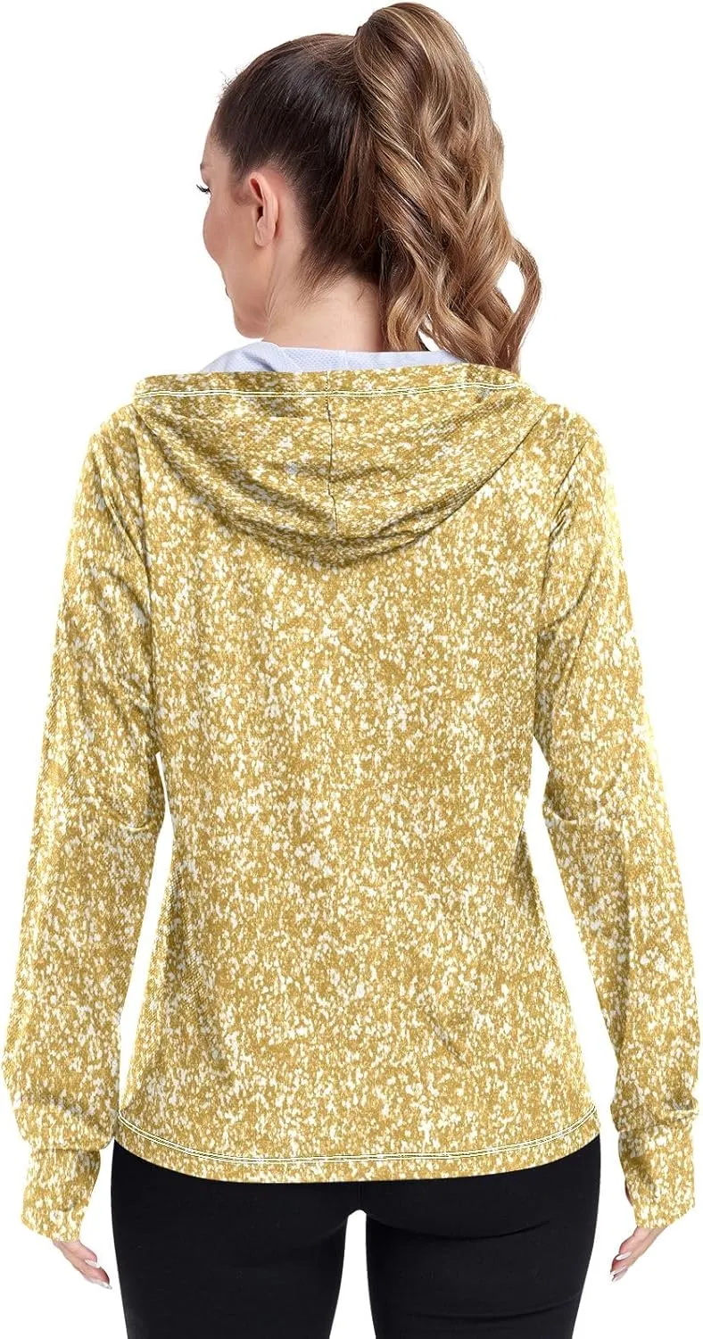 GAIGEO Gold Glitter Long Sleeve Womens Jacket, UPF 50  Sun Shirt for Women with Pockets, Quick Dry Travel Jacket Women, S