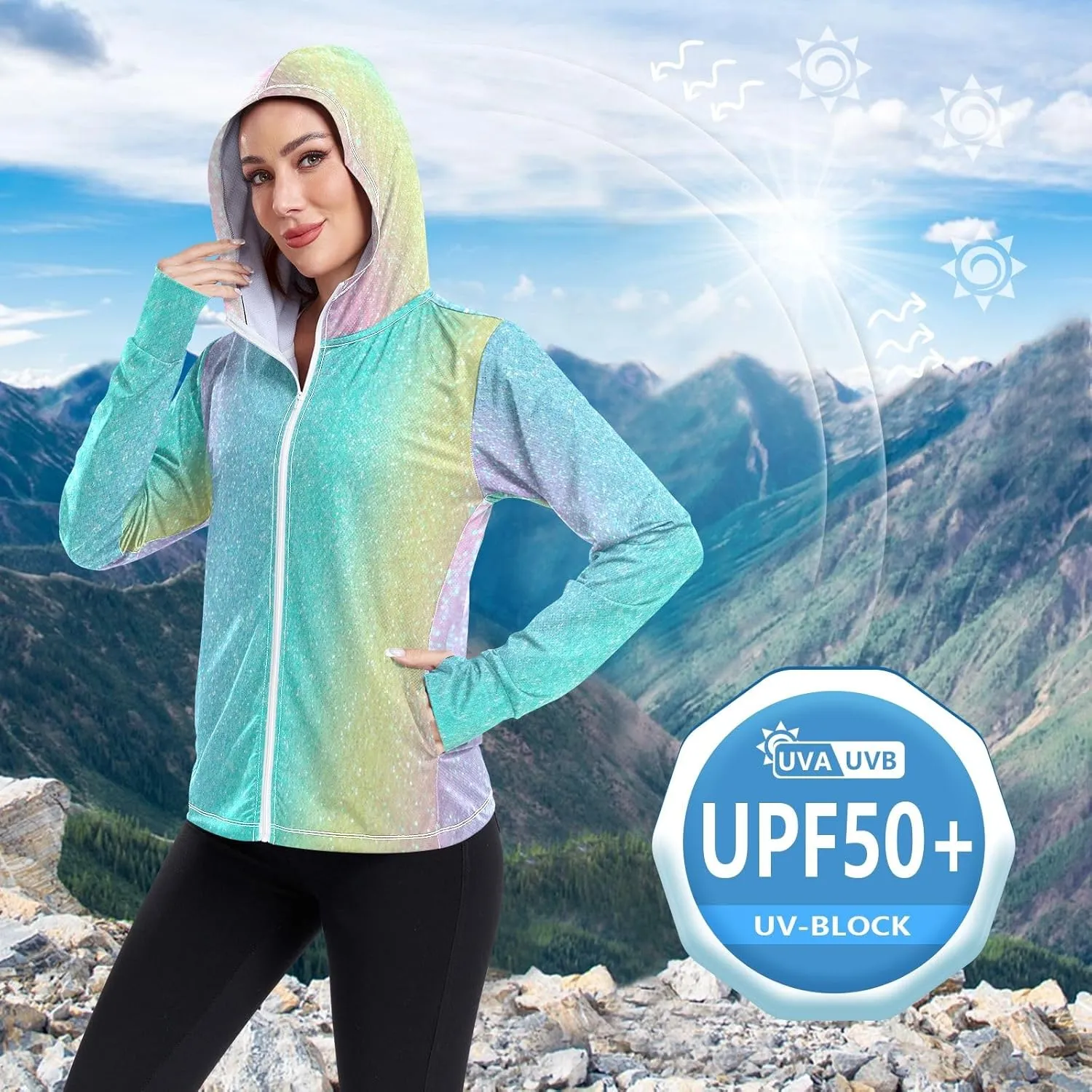 GAIGEO Gold Glitter Long Sleeve Womens Jacket, UPF 50  Sun Shirt for Women with Pockets, Quick Dry Travel Jacket Women, S