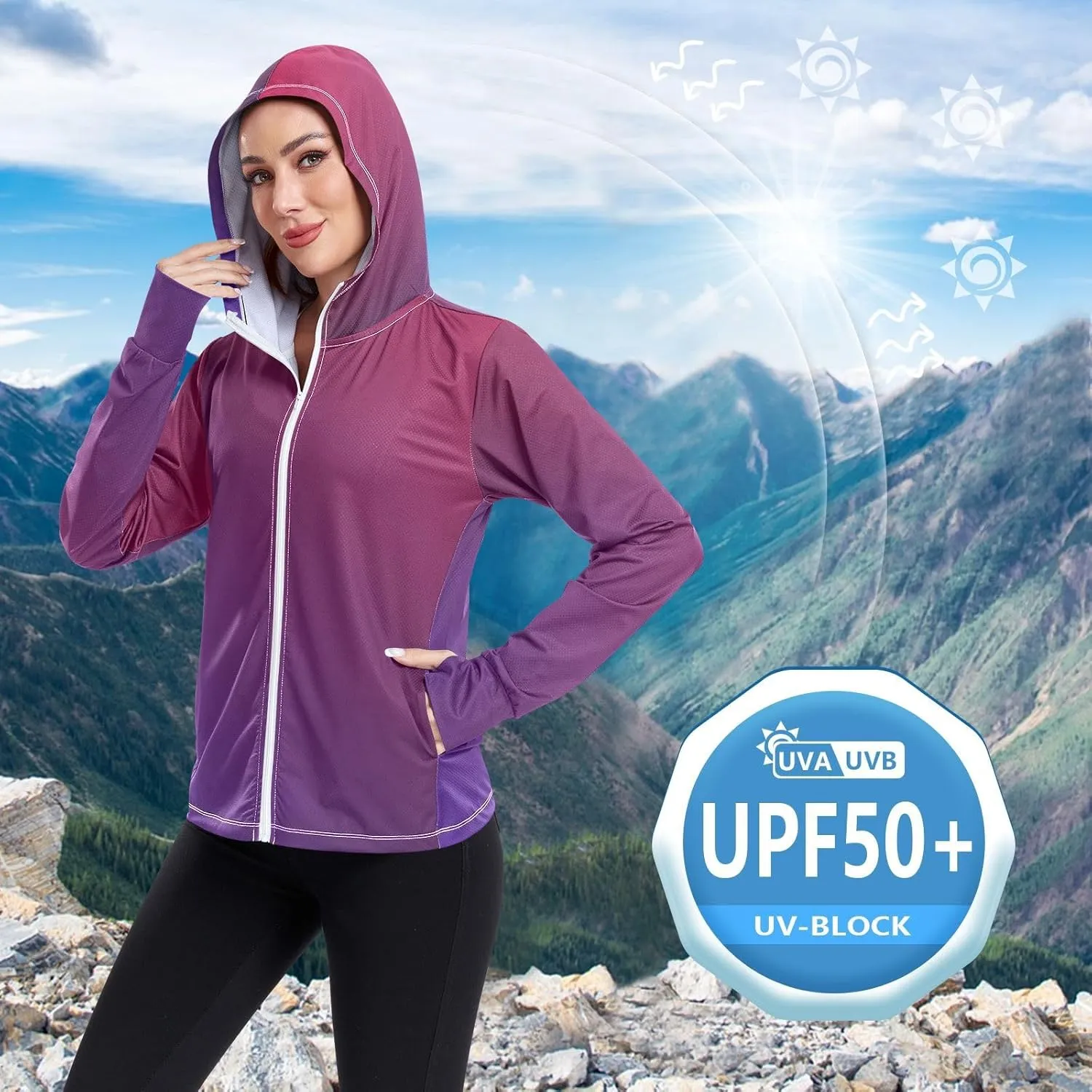 GAIGEO Green Yellow Zip up Sun Jacket Women, UPF 50  Sun Shirt, Cool Lightweight Hiking Clothes for Women, S