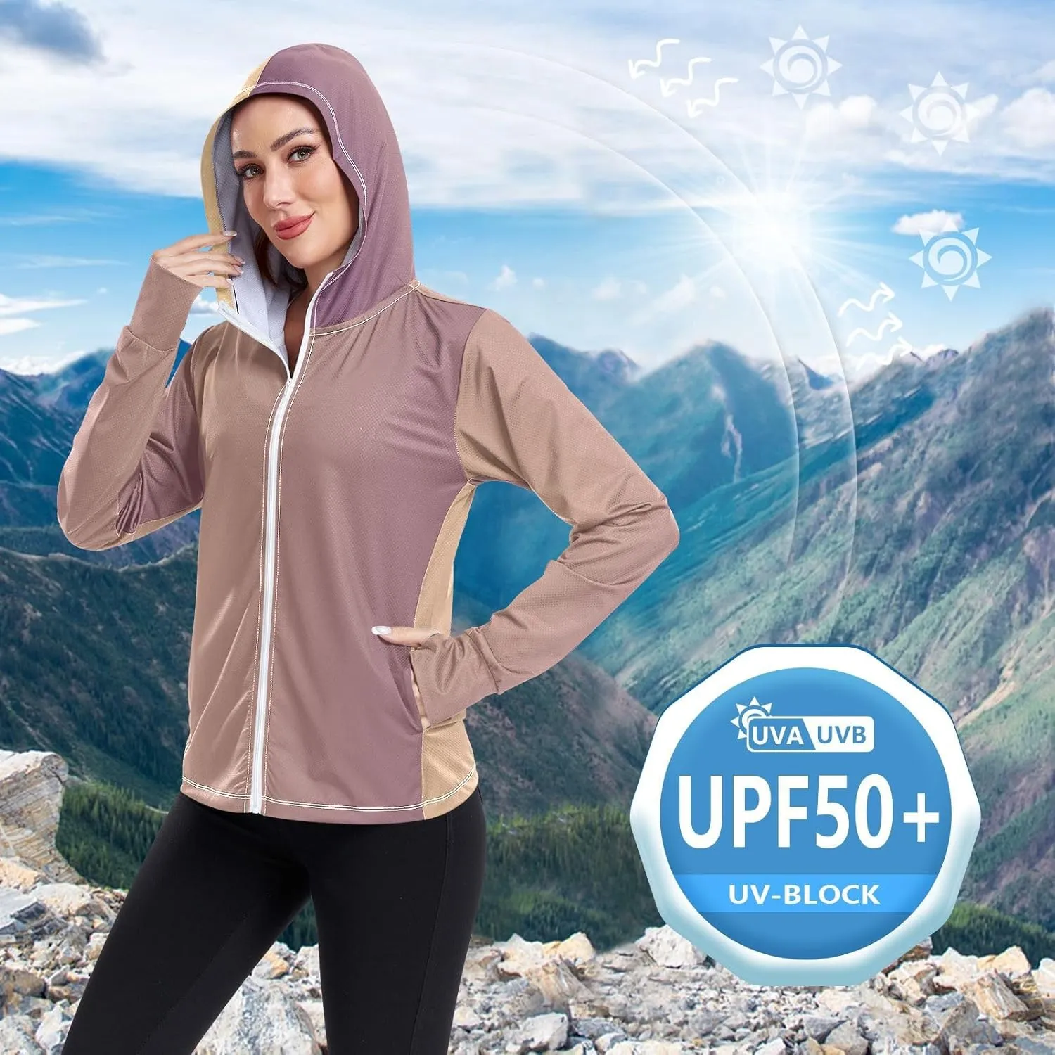 GAIGEO Green Yellow Zip up Sun Jacket Women, UPF 50  Sun Shirt, Cool Lightweight Hiking Clothes for Women, S