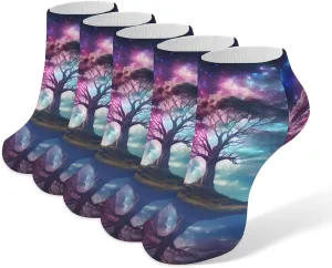 Galaxy Sky Star Tree 5 Pairs Low Cut Ankle Socks for Men Women Athletic Running Socks No Show Breathable