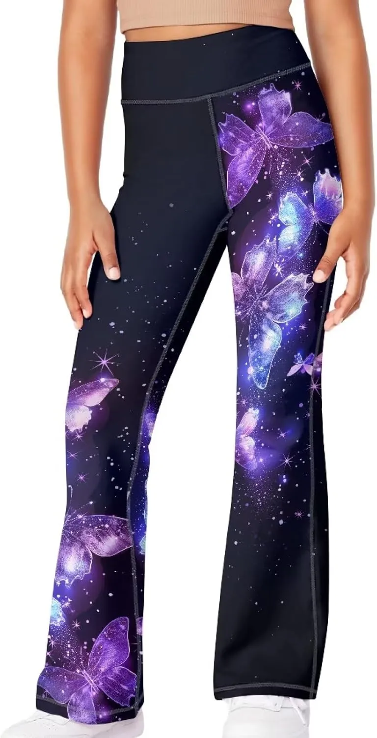 Girl Yoga Flare Wide Leg Tummy Control Stretchy Pants Breathable Kids Athletic Leggings Casual Wear Age 5-14 Years