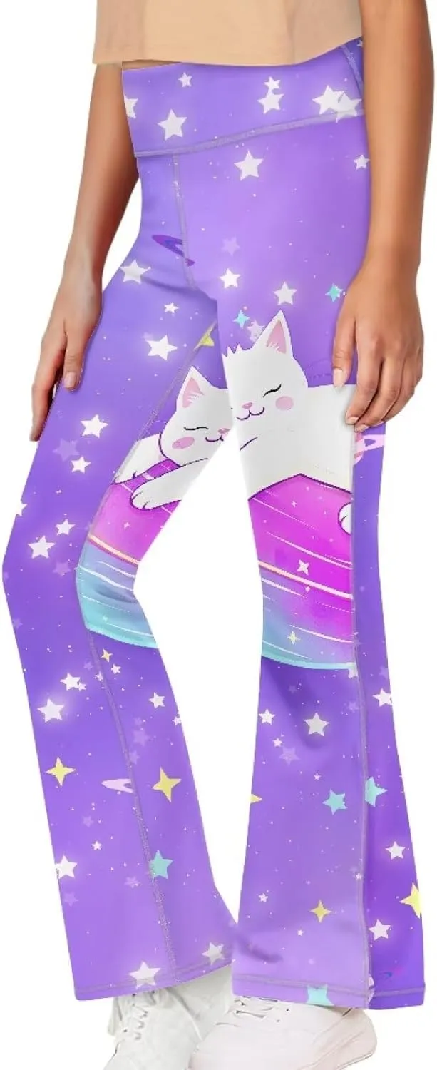 Girl Yoga Flare Wide Leg Tummy Control Stretchy Pants Breathable Kids Athletic Leggings Casual Wear Age 5-14 Years